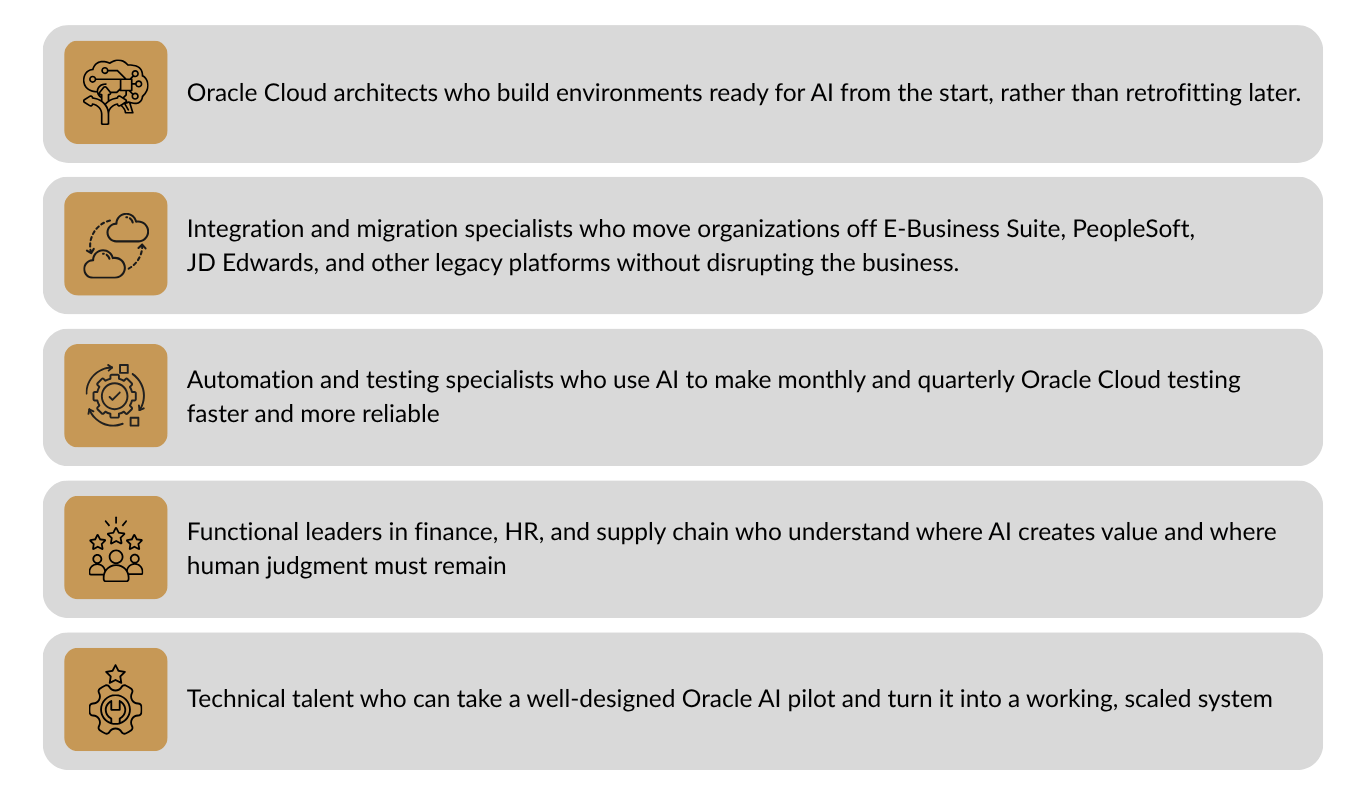 Oracle Cloud architects who build environments ready for AI from the start, rather than retrofitting later.